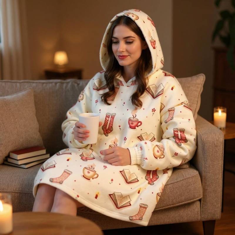 Übergroße Buch & Kaffee Print Hoodie Decke - Weicher Flanell Überwurf Mit Kapuze von SeraphinaWear