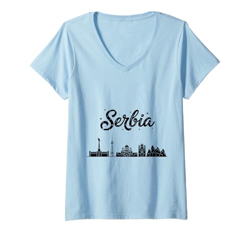 Damen Serbien Skyline Reise Urlaub Outfits T-Shirt mit V-Ausschnitt von Serbia Casual Clothes T-Shirts
