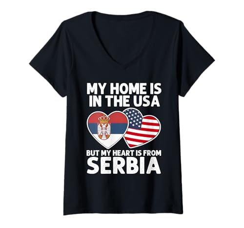 Damen My Home USA My Heart Serbia Flagge von Serbisch American Pride T-Shirt mit V-Ausschnitt Damen My Home USA My Heart Serbia Flagge von Serbisch American Pride T-Shirt mit V-Ausschnitt von Serbia Pride Flag Apparel