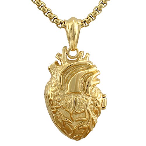 Serebra Jewelry 3D Anatomisches Herz Anhänger Halskette aus Edelstahl in Silber Schwarz Gold Damen Herren Unisex (Gold Groß) von Serebra Jewelry