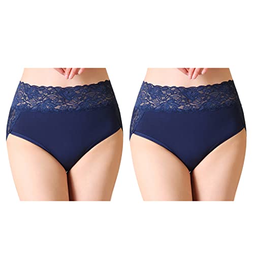 Serecofo 2er-Pack Damen Spitzenhöschen mit hoher Taille Slips Höschen aus Baumwolle Damenunterwäsche Größe 34-50 Elastische Hipster Shorts (34-36, 2 Dunkelblau) von Serecofo