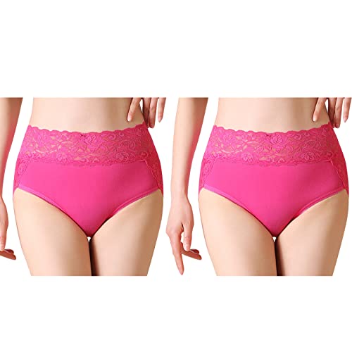 Serecofo 2er-Pack Damen Spitzenhöschen mit hoher Taille Slips Höschen aus Baumwolle Damenunterwäsche Größe 34-50 Elastische Hipster Shorts (34-36, 2 Fuchsie) von Serecofo