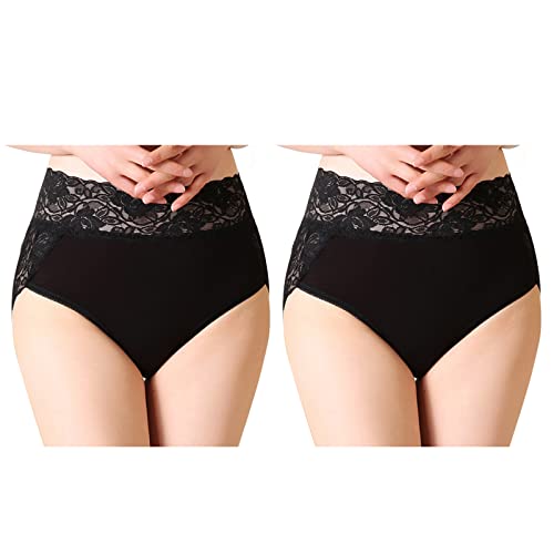 Serecofo 2er-Pack Damen Spitzenhöschen mit hoher Taille Slips Höschen aus Baumwolle Damenunterwäsche Größe 34-50 Elastische Hipster Shorts (34-36, 2 Schwarz) von Serecofo