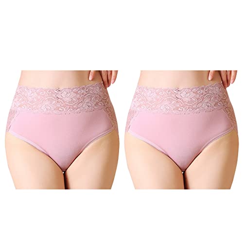 Serecofo 2er-Pack Damen Spitzenhöschen mit hoher Taille Slips Höschen aus Baumwolle Damenunterwäsche Größe 34-50 Elastische Hipster Shorts (38-42, 2 Hellrosa) von Serecofo