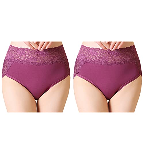 Serecofo 2er-Pack Damen Spitzenhöschen mit hoher Taille Slips Höschen aus Baumwolle Damenunterwäsche Größe 34-50 Elastische Hipster Shorts (38-42, 2 Lila) von Serecofo