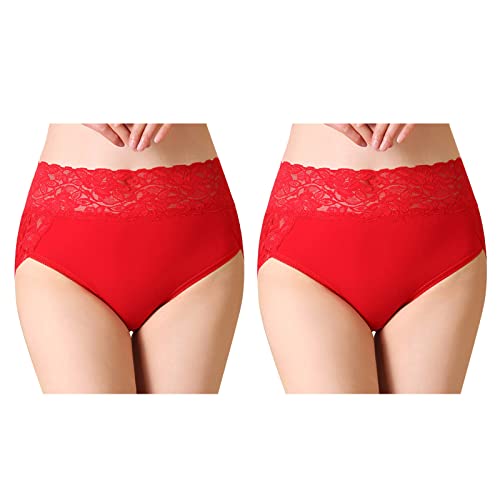 Serecofo 2er-Pack Damen Spitzenhöschen mit hoher Taille Slips Höschen aus Baumwolle Damenunterwäsche Größe 34-50 Elastische Hipster Shorts (38-42, 2 Rot) von Serecofo