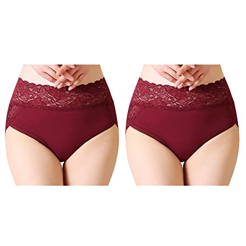 Serecofo 2er-Pack Damen Spitzenhöschen mit hoher Taille Slips Höschen aus Baumwolle Damenunterwäsche Größe 34-50 Elastische Hipster Shorts (38-42, 2 Weinrot) von Serecofo