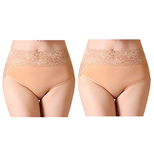 Serecofo 2er-Pack Damen Spitzenhöschen mit hoher Taille Slips Höschen aus Baumwolle Damenunterwäsche Größe 34-50 Elastische Hipster Shorts (44-46, 2 Apricot) von Serecofo