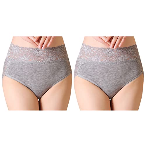 Serecofo 2er-Pack Damen Spitzenhöschen mit hoher Taille Slips Höschen aus Baumwolle Damenunterwäsche Größe 34-50 Elastische Hipster Shorts (44-46, 2 Grau) von Serecofo