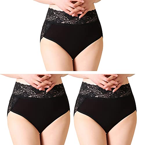 Serecofo 3er Pack Damen Spitzenhöschen Hohe Taille Spitzenslips Höschen Hipster Shorts Größe 34 bis 50 Dessous Unterwäsche (34-36, 3 Schwarz) von Serecofo