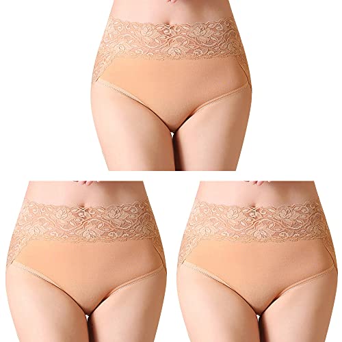 Serecofo 3er Pack Damen Spitzenhöschen Hohe Taille Spitzenslips Höschen Hipster Shorts Größe 34 bis 50 Dessous Unterwäsche (38-42, 3 Aprikose) von Serecofo