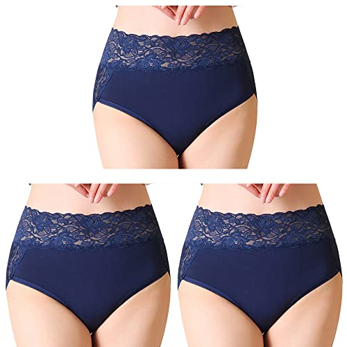 Serecofo 3er Pack Damen Spitzenhöschen Hohe Taille Spitzenslips Höschen Hipster Shorts Größe 34 bis 50 Dessous Unterwäsche (38-42, 3 Dunkelblau) von Serecofo
