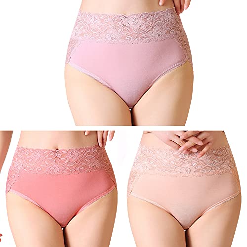 Serecofo 3er Pack Damen Spitzenhöschen Hohe Taille Spitzenslips Höschen Hipster Shorts Größe 34 bis 50 Dessous Unterwäsche (44-46,Rosa,leichte Aprikose,Hellrosa) von Serecofo