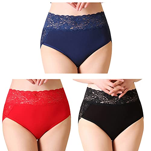 Serecofo 3er Pack Damen Spitzenhöschen Hohe Taille Spitzenslips Höschen Hipster Shorts Größe 34 bis 50 Dessous Unterwäsche (44-46,Schwarz,Dunkelblau,Rot) von Serecofo