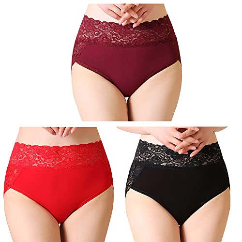 Serecofo 3er Pack Damen Spitzenhöschen Hohe Taille Spitzenslips Höschen Hipster Shorts Größe 34 bis 50 Dessous Unterwäsche (44-46,Schwarz,Weinrot,Rot) von Serecofo