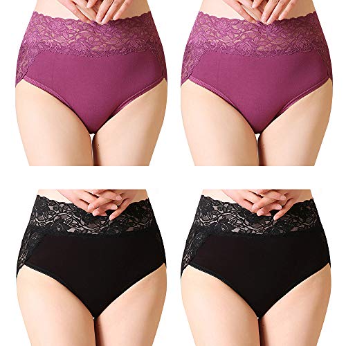 Serecofo 4er Pack Damen Slips mit hoher Taille Spitzen Hipster Höschen Unterwäsche ultraweich (44-46, 2 Lila, 2 Schwarz) von Serecofo