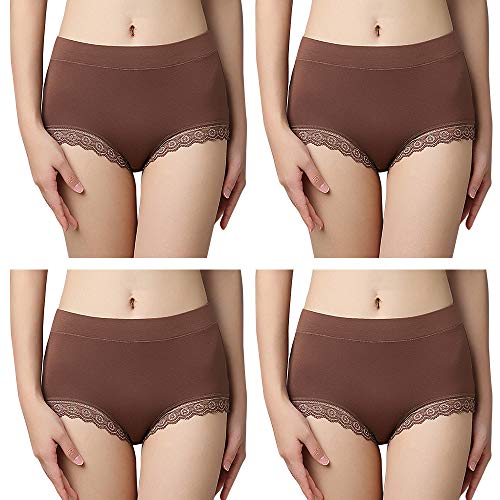 Serecofo 4er Pack Damen Unterhosen Slip mit hoher Taille Spitzen Taillenslip Unterwäsche Mehrpack Größen 34-46 (44-46, 4 Braun) von Serecofo