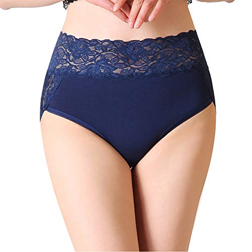 Serecofo Damen Slips Schlüpfer Höschen Spitze Hohe Taille Baumwolle 34-50 Damen Dessous Unterwäsche Hipster Blumenstickerei (1 Dunkelblau,44-46) von Serecofo