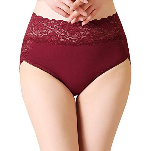 Serecofo Damen Slips Schlüpfer Höschen Spitze Hohe Taille Baumwolle 34-50 Damen Dessous Unterwäsche Hipster Blumenstickerei (1 Weinrot,44-46) von Serecofo