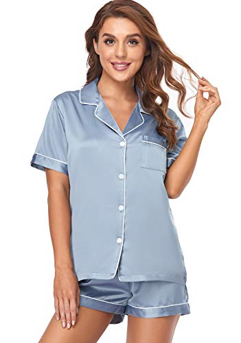 Serenedelicacy Damen Satin Pyjama Set 2 Stück Nachtwäsche mit Knöpfen Kurzarm Puderblau M, Blauer Puder., M von Serenedelicacy