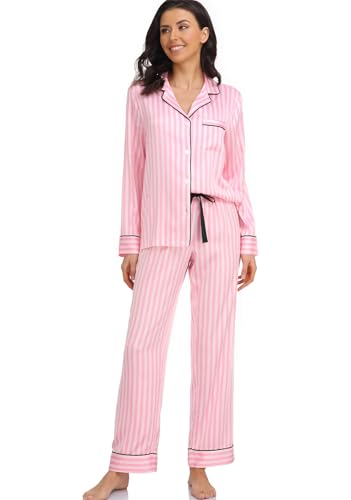 Serenedelicacy Damen-Pyjama-Set, Satin, langärmelig, Knopfleiste, Nachtwäsche, 2-teilig, seidiger Schlafanzug, Rosa gestreift, XL von Serenedelicacy