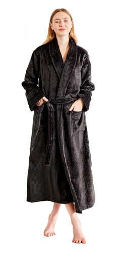 Serenhom Gestreifter flauschiger Damen-Bademantel, Plüsch, weich, warm, Premium-Fleece, Sherpa-Bademantel, Schwarz, Small von Serenhom