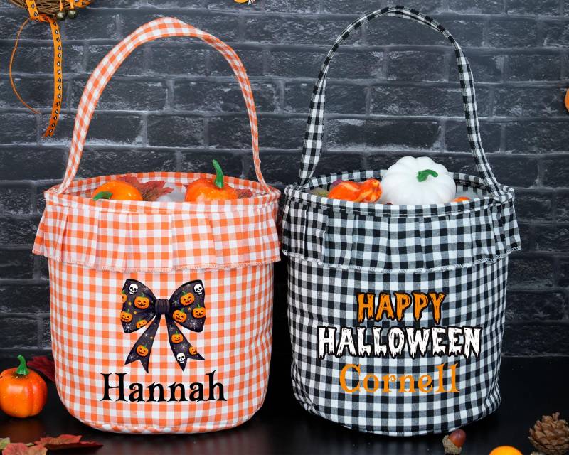 Personalisierte Karierte Halloween Süßes Oder Saures Tasche Kürbis & Geist Candy Bucket Personalisierte Karierte Halloween Süßes Oder Saures Tasche Kürbis & Geist Candy Bucket von SereniShe