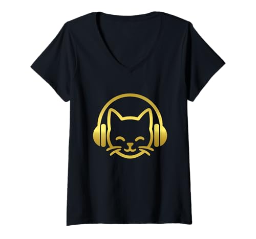Damen Serenkitty Süße Katze mit Kopfhörern Musik T-Shirt mit V-Ausschnitt Damen Serenkitty Süße Katze mit Kopfhörern Musik T-Shirt mit V-Ausschnitt von Serenkitty Chill Beats