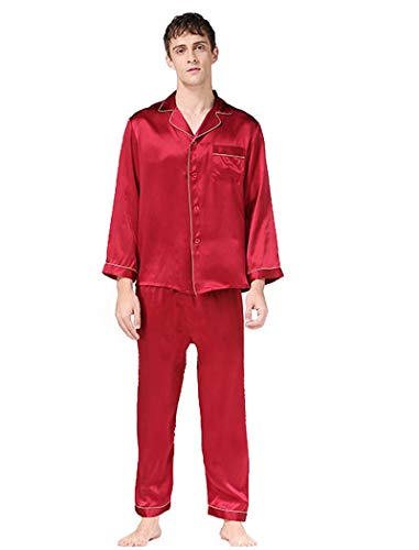 Herren Seide Nachtwäsche Pyjama Nachtwäsche, Langarmhemd & lange Hose, 100% Seide (Haupt), 5 Farben,, rot, M von Seres