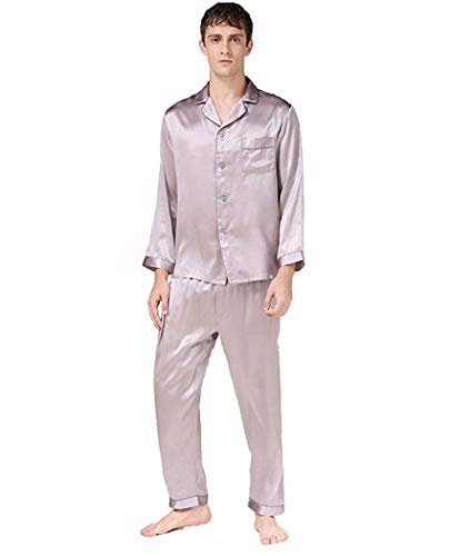 Herren Seide Nachtwäsche Pyjama Nachtwäsche, Langarmhemd & lange Hose, 100% Seide (Haupt), 5 Farben,, silber, XL von Seres