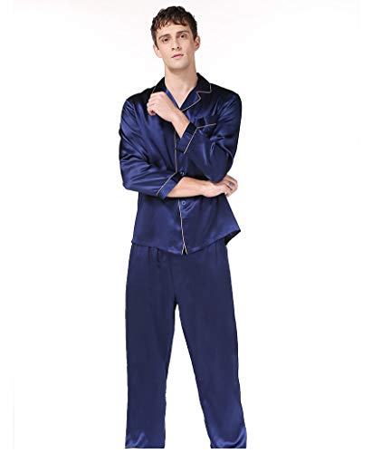 Herren Seide Nachtwäsche Pyjama Nachtwäsche Langarmshirt & lange Hose, 100% Seide (Hauptteil), 5 Farben, blau, L von Seres