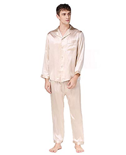 Herren Seide Nachtwäsche Pyjama Nachtwäsche Langarmshirt & lange Hose, 100% Seide (Hauptteil), 5 Farben, gold, L von Seres
