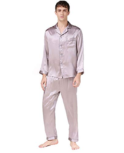 Herren Seide Nachtwäsche Pyjama Nachtwäsche Langarmshirt & lange Hose, 100% Seide (Hauptteil), 5 Farben, silber, XXL von Seres