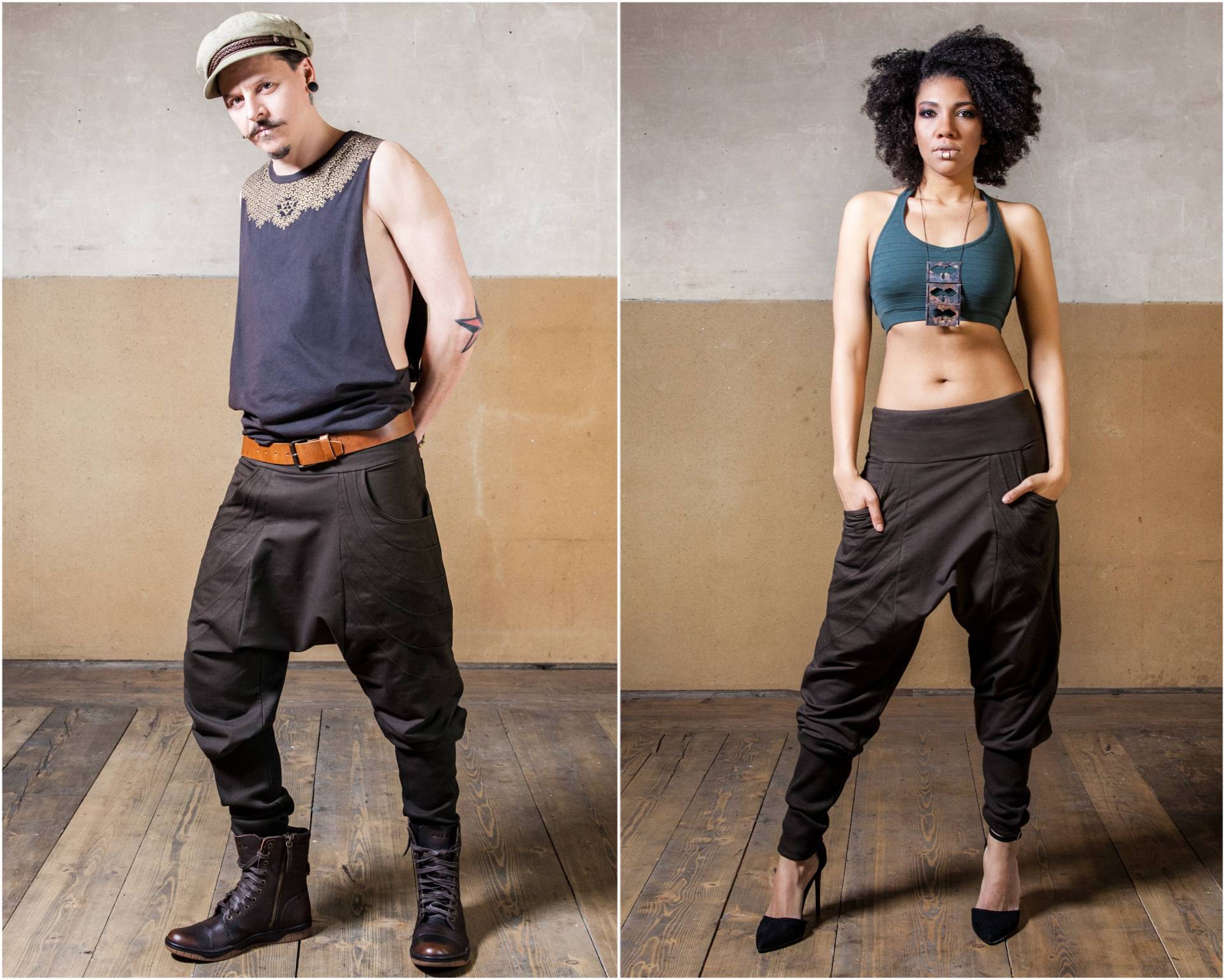 Ninja Hose | Haremshose Damen Herren Cyberpunk Kleidung Mit Tiefem Schritt Pumphose Circle Pant Mocca von SeresClothing