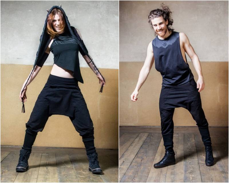 Ninja Hose | Haremshose Damen Herren Cyberpunk Kleidung Mit Tiefem Schritt Pumphose Kreis Schwarz von SeresClothing