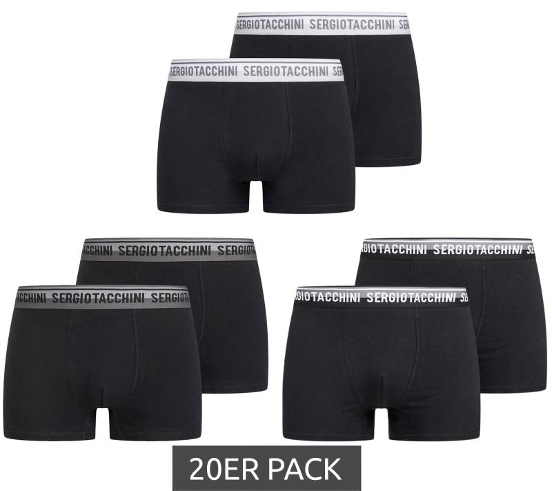 20er Pack Sergio Tacchini Herren Boxershorts mit zweifarbigen Bund und weißen Schriftzug Baumwoll-Unterhose 160gsm 23.0000.974 Schwarz/Weiß, Schwarz/Grau oder Schwarz von Sergio Tacchini
