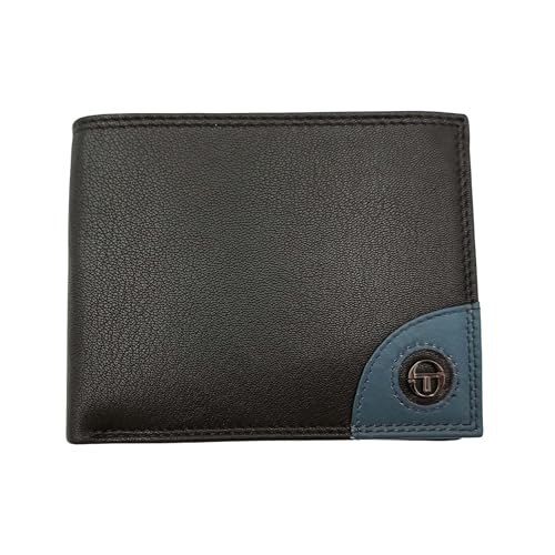 Sergio Tacchini Herrengeldbörse aus echtem Leder mit eckiger Dekoration und geprägtem Metalllogo - Cod. K50132P029, Schwarz/Petrol, Piccolo, Modern von Sergio Tacchini