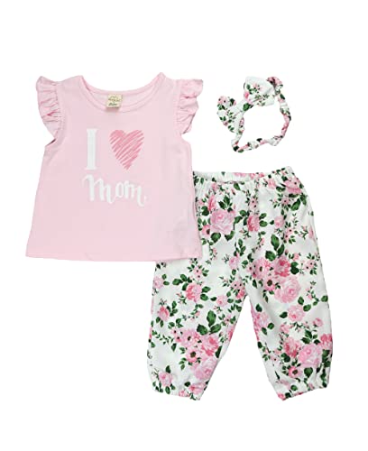 Serkon 005 Baby Mädchen 3-er Set Hose T-Shirt Stirnband Blumenmuster Baumwolle Outfit (6-9 M, Rosa) von Serkon