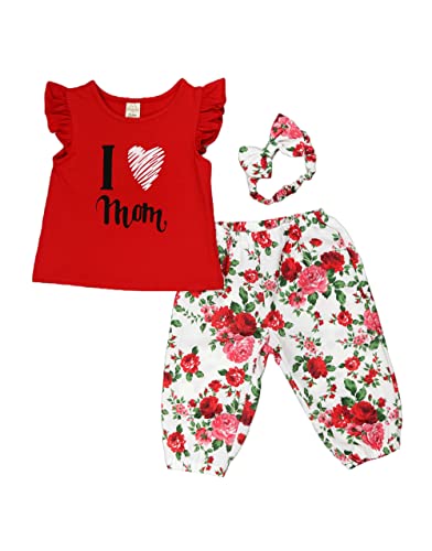 Serkon 005 Baby Mädchen 3-er Set Hose T-Shirt Stirnband Blumenmuster Baumwolle Outfit (9-12 M, Rot) von Serkon