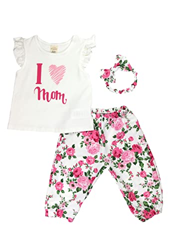 Serkon 005 Baby Mädchen 3-er Set Hose T-Shirt Stirnband Blumenmuster Baumwolle Outfit (9-12 M, Weiß) von Serkon