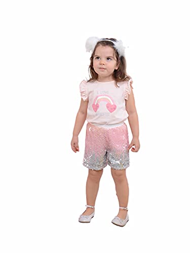 Serkon 0065 Mädchen 3-teiliges Set, Pailletten Short, T-Shirt und Stirnband Geburtstag Kinderparty Sommer Outfit (2-3 Jahre, Powder) von Serkon