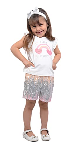 Serkon 0065 Mädchen 3-teiliges Set, Pailletten Short, T-Shirt und Stirnband Geburtstag Kinderparty Sommer Outfit (4-5 Jahre, Weiß) von Serkon