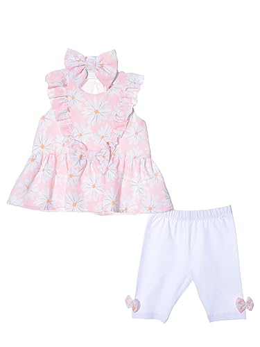 Serkon 0085 Baby Mädchen Set, Kleid, Leggings und Stirnband mit Blumenmuster Sommer Outfit (18-24 Monate, Coral) von Serkon