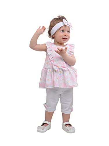 Serkon 0085 Baby Mädchen Set, Kleid, Leggings und Stirnband mit Blumenmuster Sommer Outfit (18-24 Monate, Rosa) von Serkon