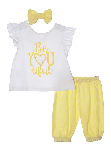 Serkon 0093 Baby Mädchen Set, Hose, T-Shirt und Stirnband aus Baumwolle 3-teiliges Sommer Set (18-24 Monate, Gelb) von Serkon