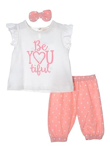 Serkon 0093 Baby Mädchen Set, Hose, T-Shirt und Stirnband aus Baumwolle 3-teiliges Sommer Set (6-9 Monate, Coral) von Serkon