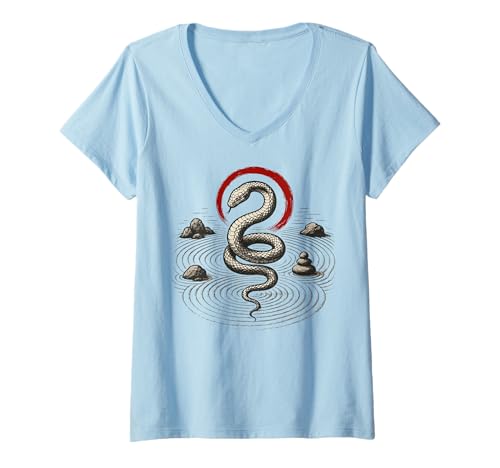 Damen Schlange Zen Kreis Felsen Schlange Symbol Natur Balance T-Shirt mit V-Ausschnitt Damen Schlange Zen Kreis Felsen Schlange Symbol Natur Balance T-Shirt mit V-Ausschnitt von Serpent Zen Nature Circle Rock Snake Balance Art