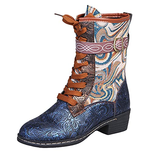 Damen Stiefel Retro Pu Reißverschluss Schnürstiefel Herbst Winterschuhe Gestickter Druck Oberschenkelhohe Stiefel Schuhe Warm Elegant Jeansstoff Westernstiefel Runde Zehenpartie von Serria