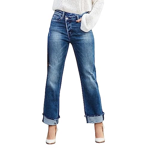 Jeans Hose Damen Schwarz Elegante, hoch taillierte Damenjeans mit geradem Bein, Taschen und stilvollen Rollsäumen (BU1, XL) von Serria