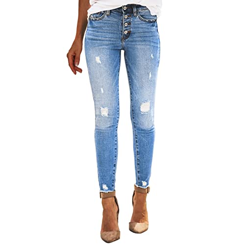 Jeanshosen Damen mit Löcher Damen Dehnbare hoch taillierte Boyfriend-Jeans mit geradem Bein und ausgefransten -Denim-Hosen (A, S) von Serria
